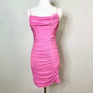 Hello Molly Pink Ruched Mesh Cowl Neck Bodycon Mini Dress US 4 Party Night Out